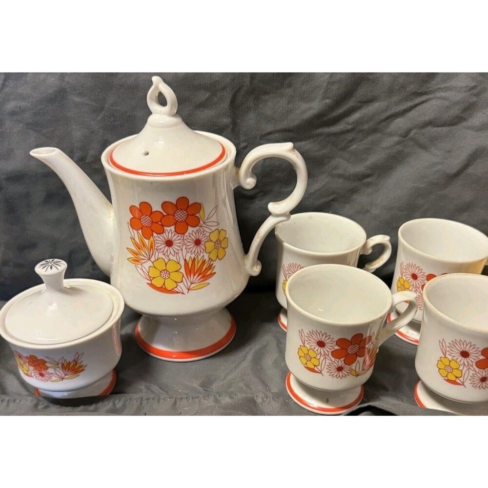 Vintage Retro Ceramic Coffee Pot Sugar Bowl 4 Cups Set Orange Floral Power MCM